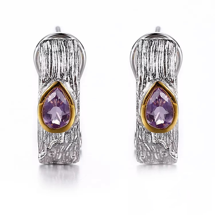 Bark Grain Amethyst Stone 925 Sterling Silver Earrings with Gold Plated
