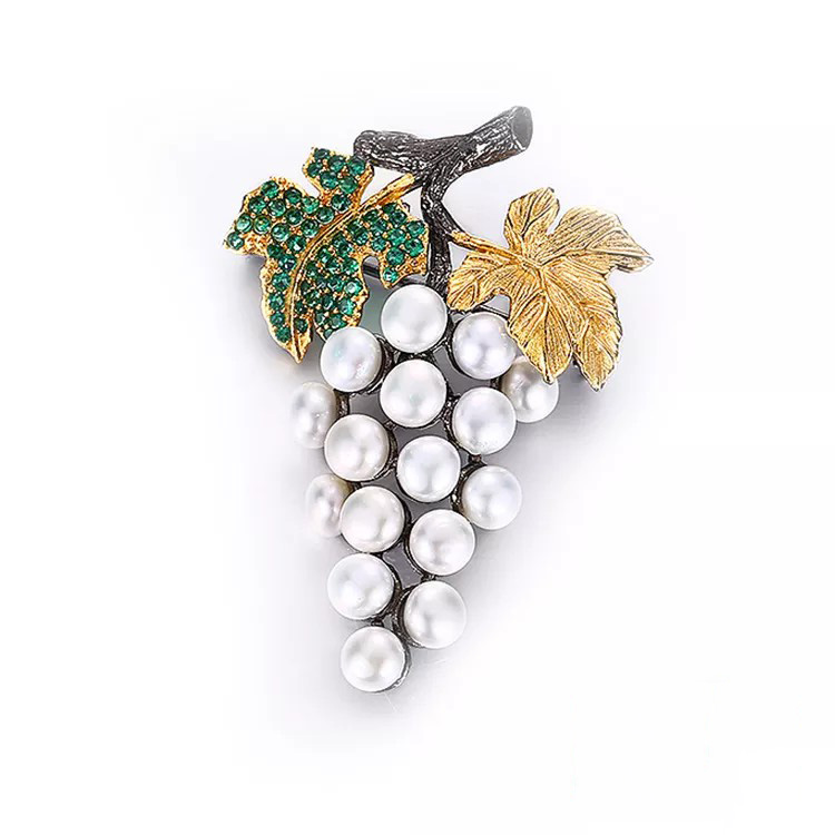 Wholesale Grape Design Fashion 925 Sterling Silver Button Pearl Brooch Jewelry