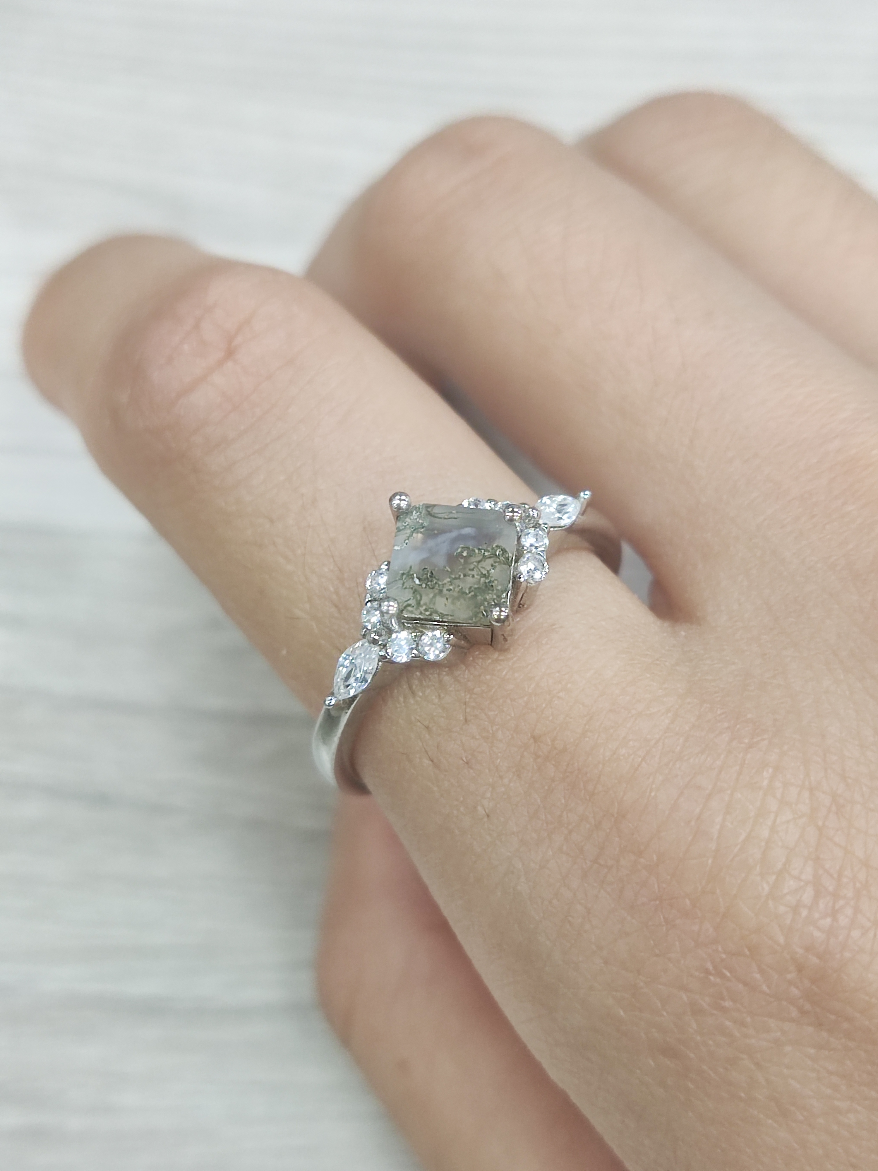 Green Moss Agate Ring Set Natural Agate Engagement Ring Promise Ring Green Gemstone Anniversary Gift