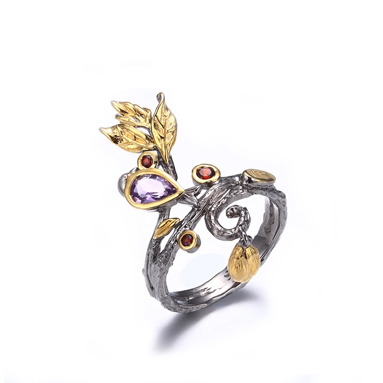Flower Amethyst Garnet Stone 925 Sterling Silver Jewelry Ring for Girl