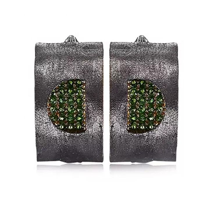 Black Rhodium Plated Diopside Stone 925 Sterling Silver Earrings for Women