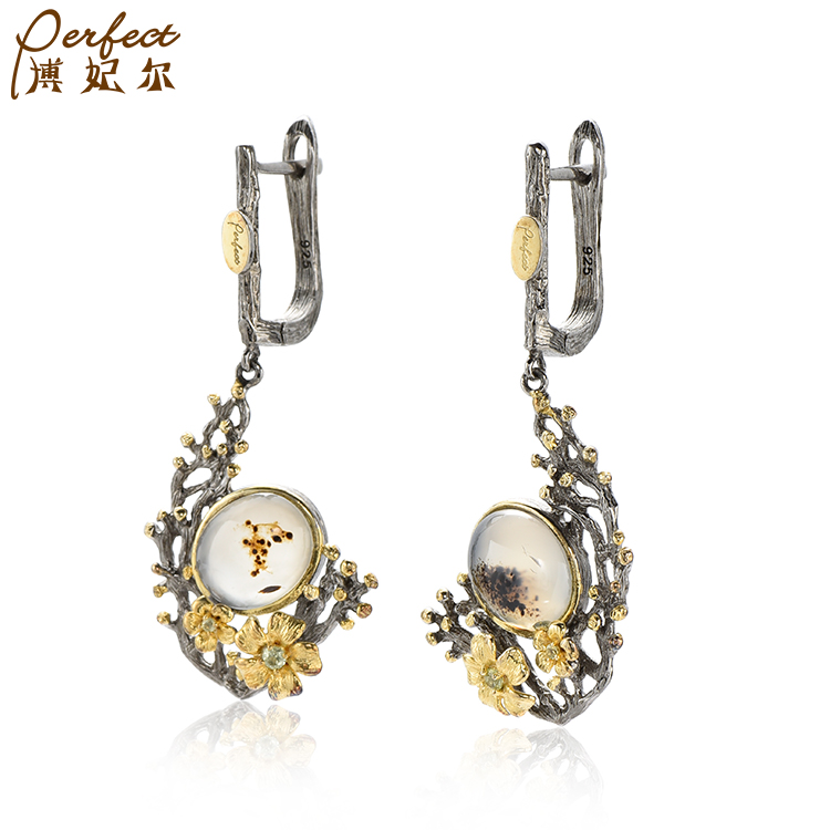 Handmade Fashion New vintage jewelry custom sterling silver Marine chalcedony 18k gold plated earrings