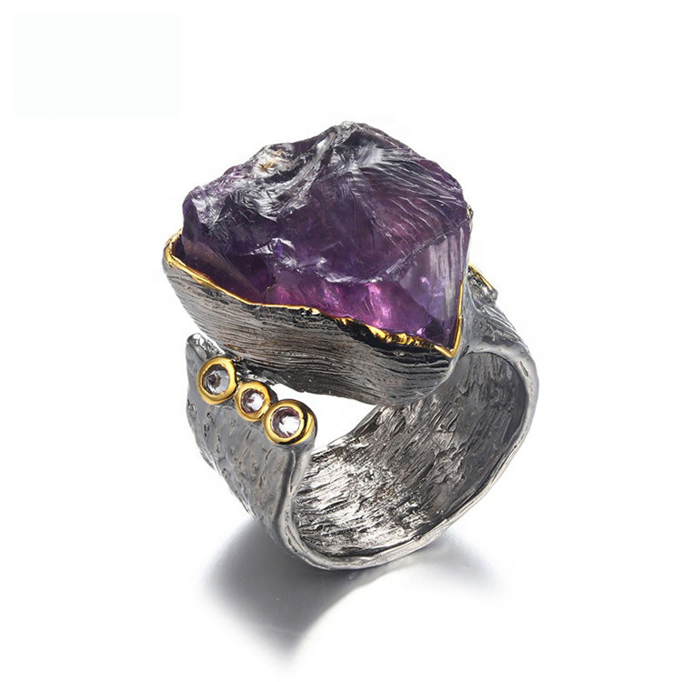 Impressive Look Big Amethyst Stone 925 Sterling Silver Handmade Ring With White Zircon Wholesaler