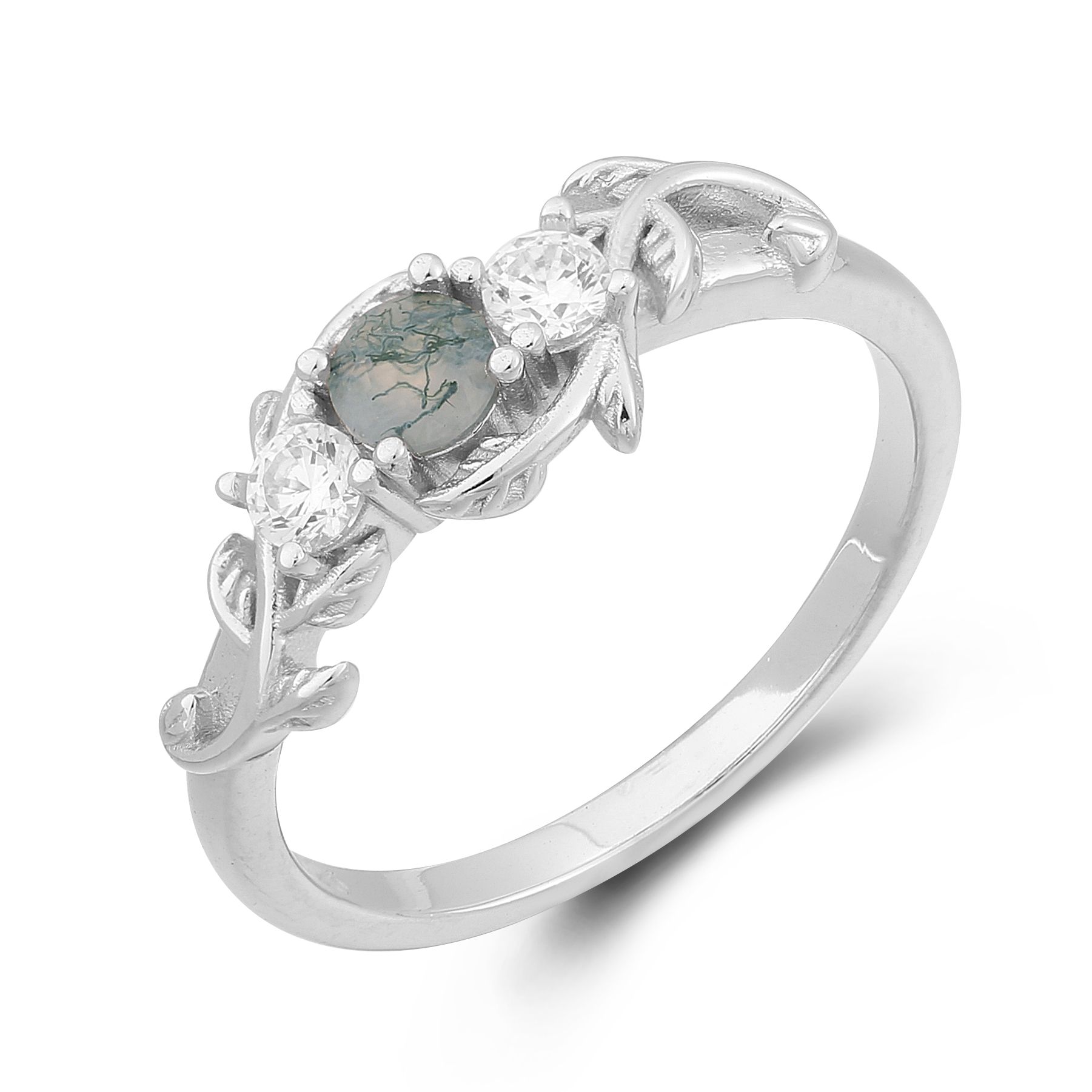 Leaf Custom Stamped Minimalism Engagement Jewelry 925 Sterling Silver Round Moss Agate Ring Designs For Girls