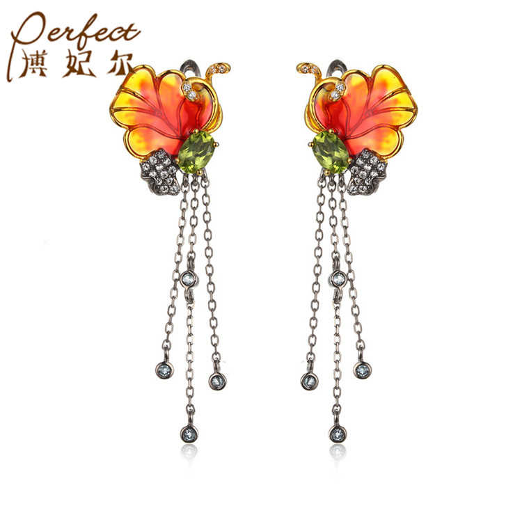 Fashion Delicate High Quality S925 Sterling Silver Jewelry White Zircon/Peridot/Blue Topaz Chain Tassel Earrings