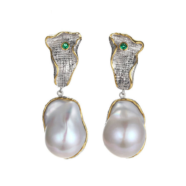 Custom Design Gold Plated Large Baroque Pearl Earrings With green spinel