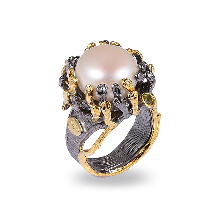 Natural Button Pearl Ring Design 2-tone Plating Silver Ring Jewelry