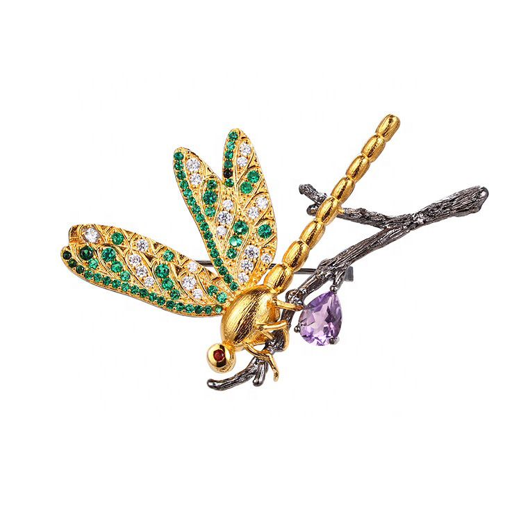 Fashion Dragonfly Design 925 Sterling Silver Brooch Pin Jewelry with Spinel Amethyst Stone