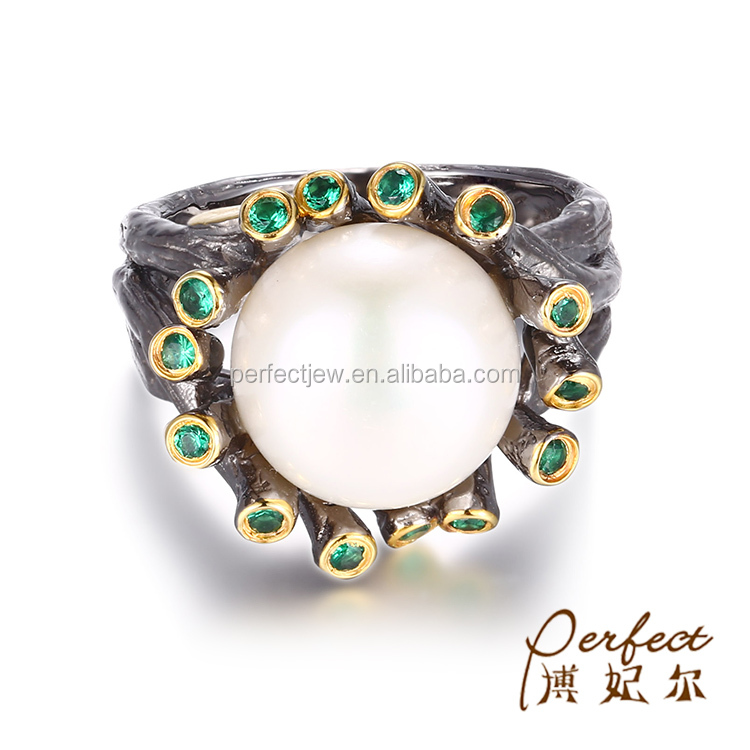 Natural Freshwater Button Baroque Pearl 925 Silver Jewelry Ring