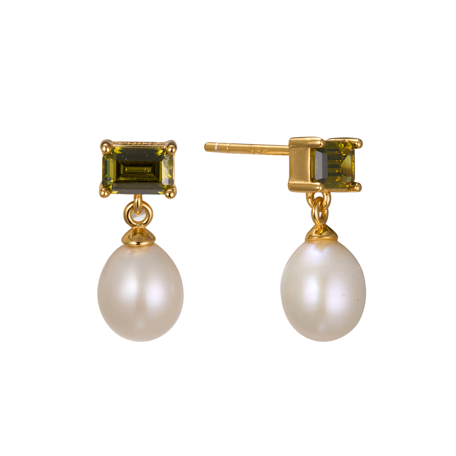Brand New Product Vintage Green Zircon White Freshwater Pearl Stud Sliver Earrings