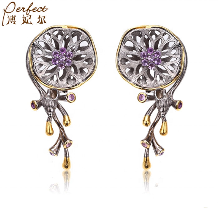 Latest Saudi Gold  Amethyst 925 Sterling Silver Ladies Earrings with Gold Plated