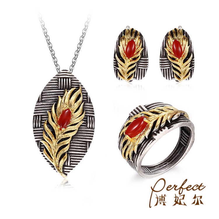 Gold Plated Unique Design Leaf Shape  Agate Silver Jewelry Set Unisex