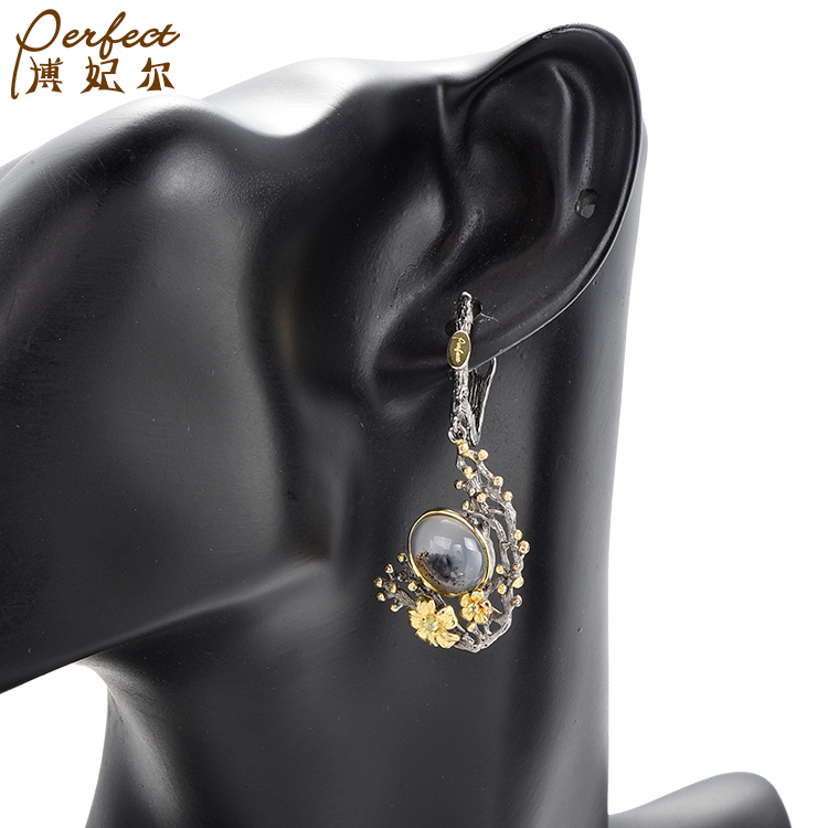 Handmade Fashion New vintage jewelry custom sterling silver Marine chalcedony 18k gold plated earrings