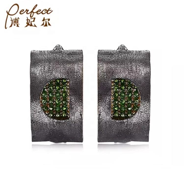 Black Rhodium Plated Diopside Stone 925 Sterling Silver Earrings for Women