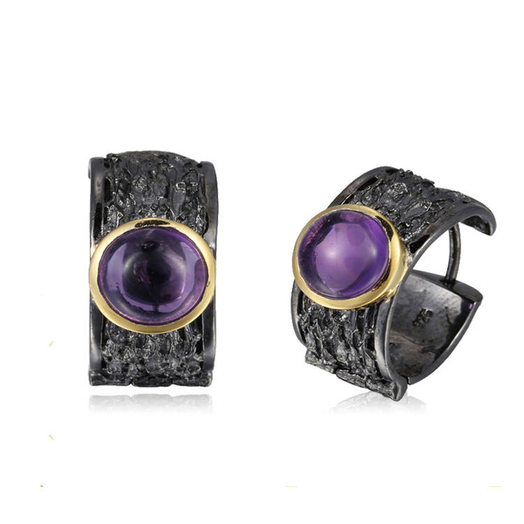 Round Style Blue Glass 925 Sterling Silver Clip Earrings with Different Gold Plated Colour