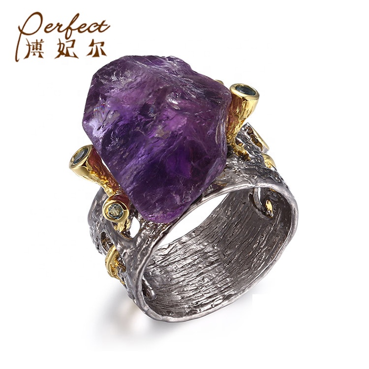 Custom Black Vintage Amethyst Finger Men Ring  Unisex Sterling Silver Ring Custom