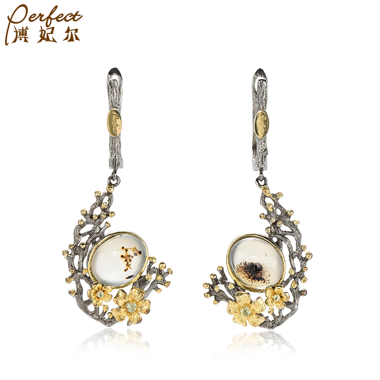 Handmade Fashion New vintage jewelry custom sterling silver Marine chalcedony 18k gold plated earrings