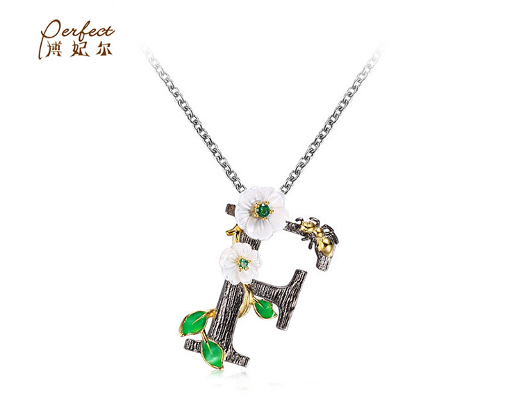 925 Sterling Silver Gold Plated Fashion Letter K Zircon Pendant Jewelry With Green Spinel/ Flower Shell