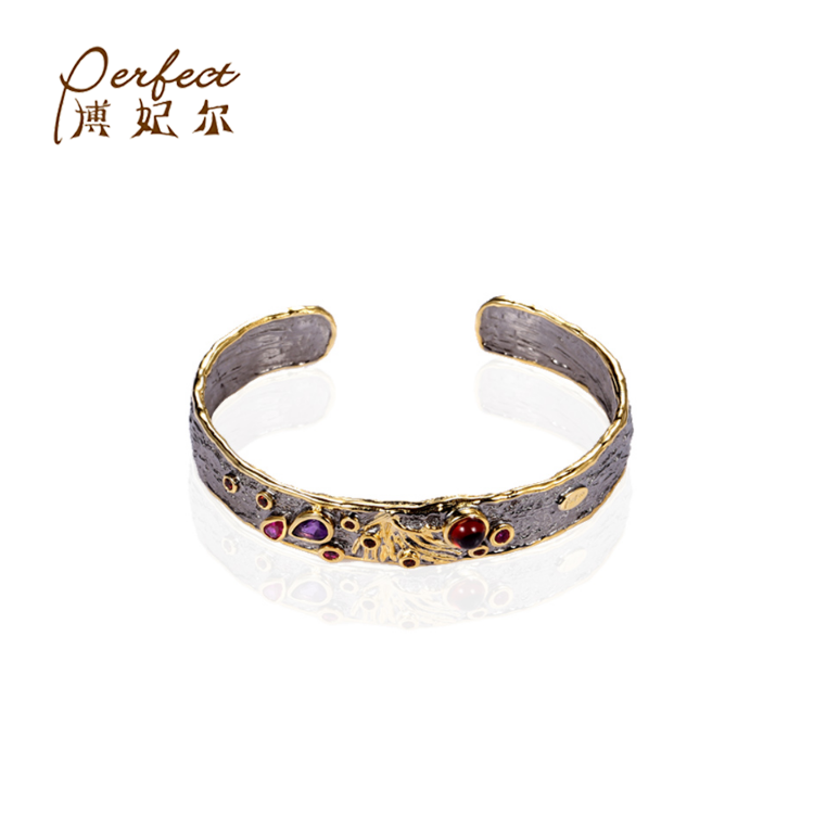 Italian Retro Design Amethyst 925 Sterling Silver Gold Plated Bracelet Bangle