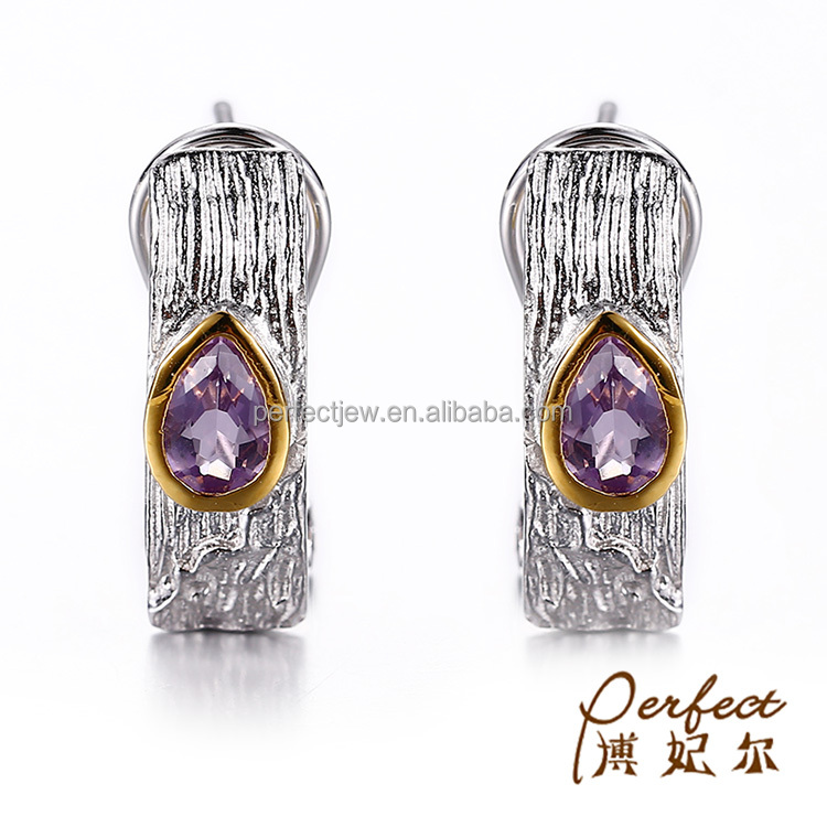 Bark Grain Amethyst Stone 925 Sterling Silver Earrings with Gold Plated