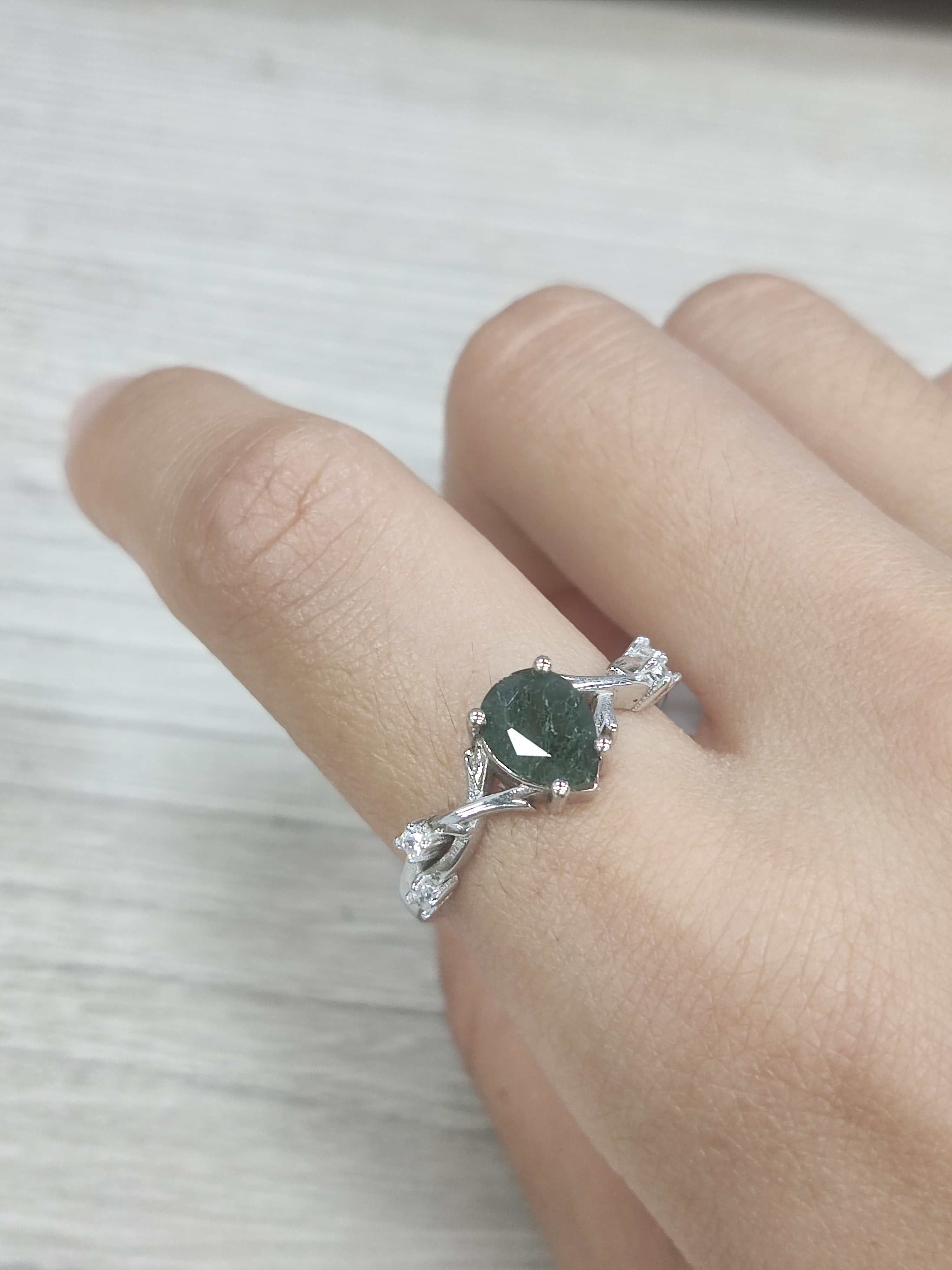 Customized Factory Price Marquise Natural Green Moss Agate Wedding Silver Rings Jewelry
