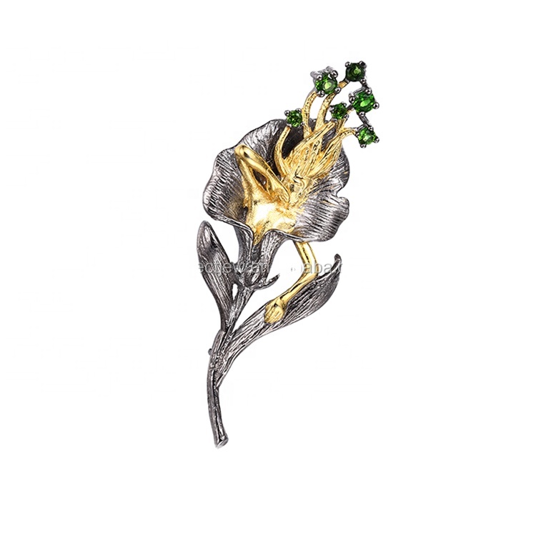 Beautiful Flower 925 Sterling Silver Diopside Gemstone Brooch Pin