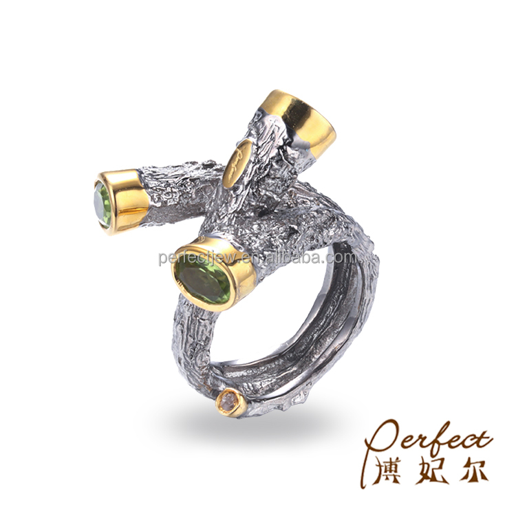 Tree Branch Peridot Gemstone Yellow Gold Plated 925 Sterling Silver Custom Rings For Girls