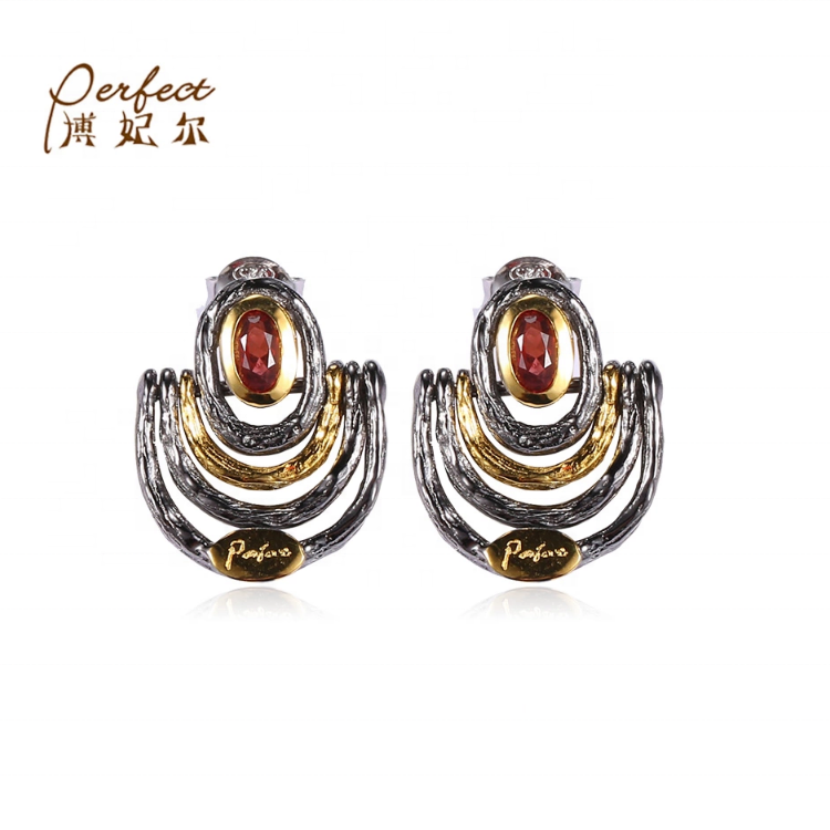 Italian Design Earrings Garnet 925 Silver Charm Earrings Hooks Gold Plated