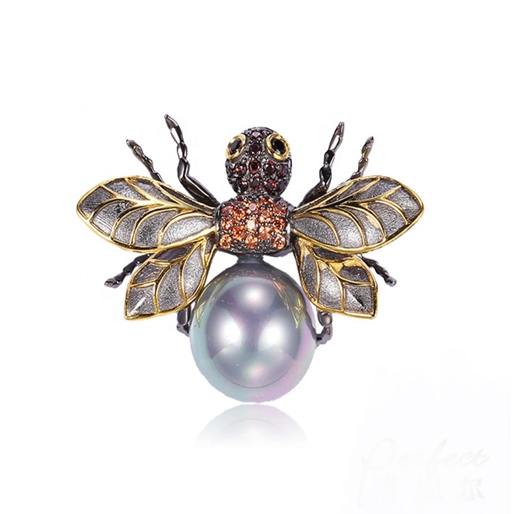 New Design 925 Sterling Silver Gold Plated Bee Brooch With Pearl For Women