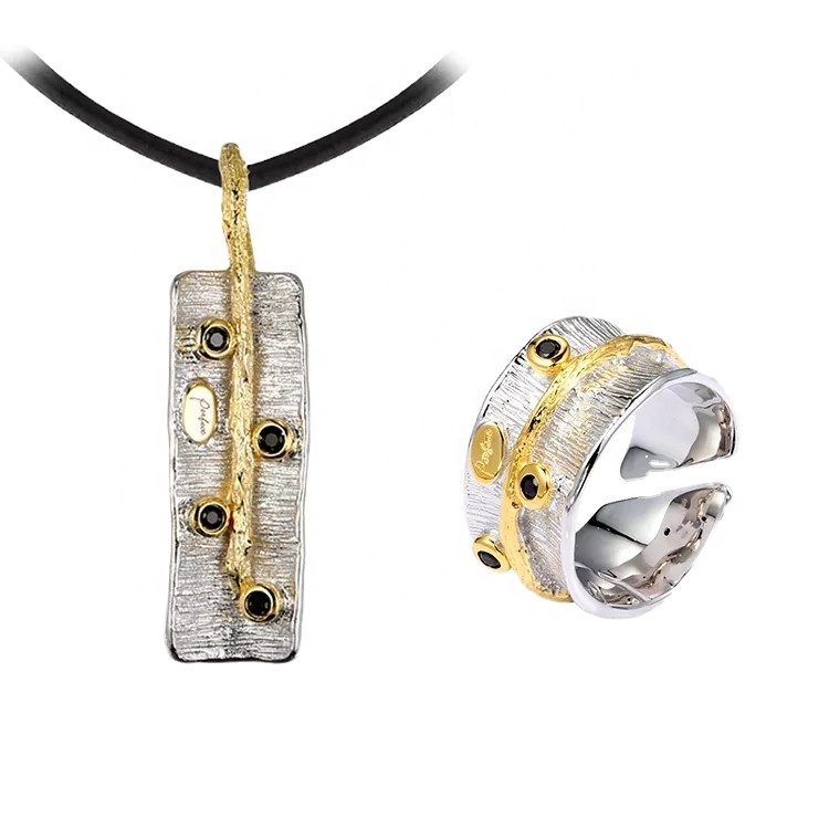 Black Spinel 925 Sterling Silver Jewelry Set with Yellow Gold Plated
