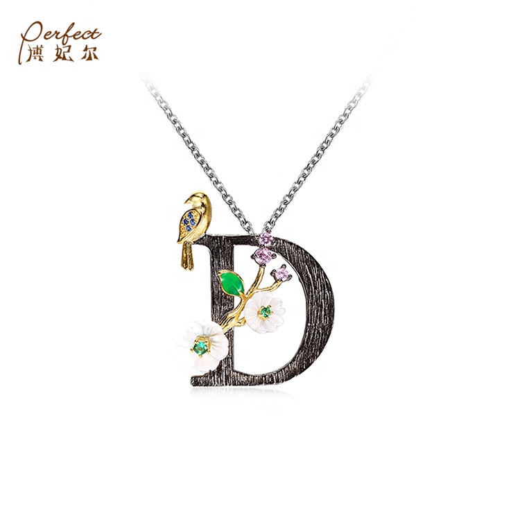 925 Sterling Silver Gold Plated Fashion Letter K Zircon Pendant Jewelry With Green Spinel/ Flower Shell