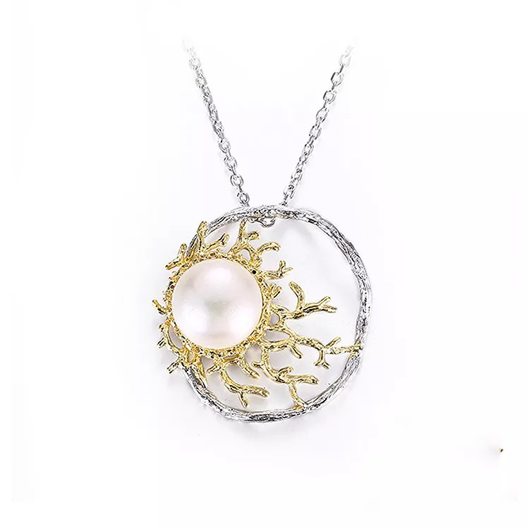 New Design Freshwater Baroque Button Pearl 925 Sterling Silver Necklace