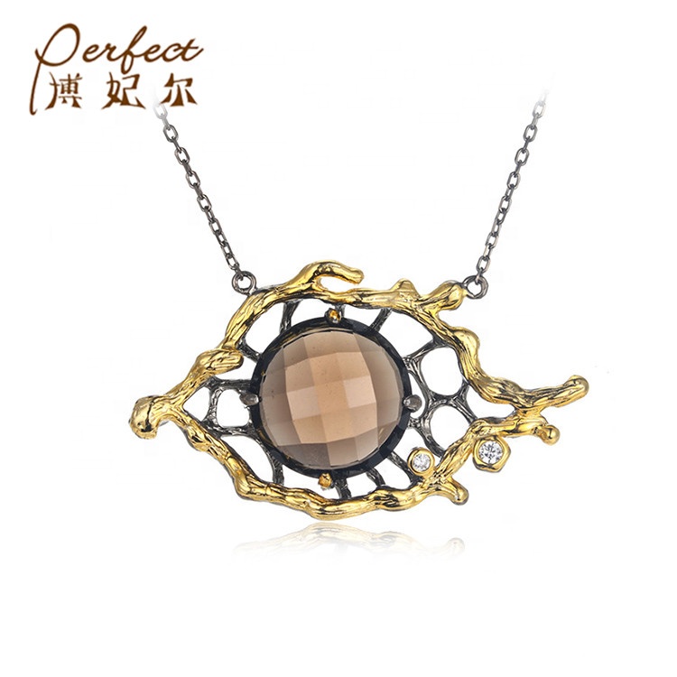 ODM Custom Production Personalize Necklace,Sterling Silver Gold Plated Smoky Quartz Necklace
