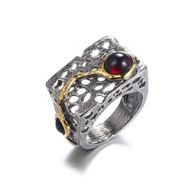 Private Order Gold Plated 925 Sterling Silver Retro Hollow Garnet Ring