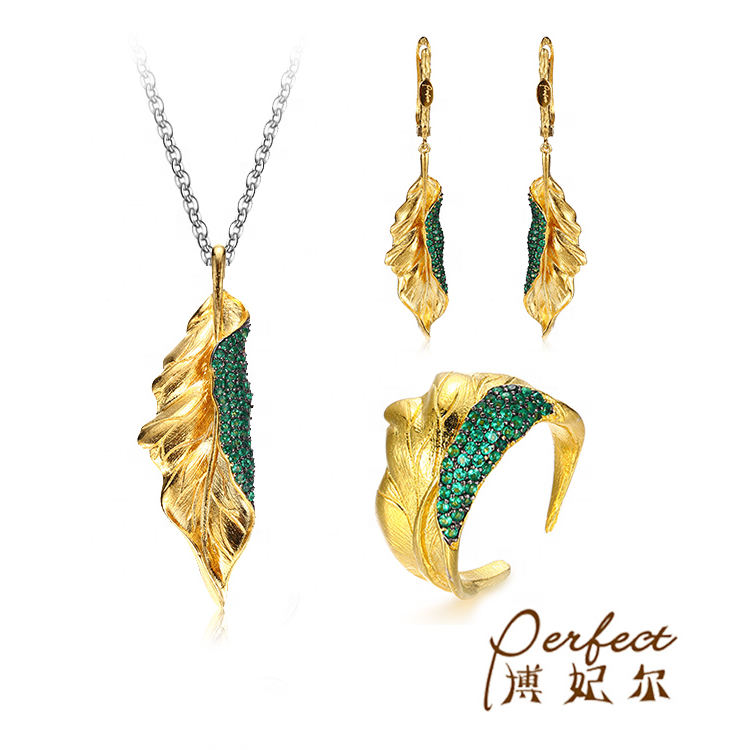 Jewelry Set Cute Suppliers Design Green Nano Spinel Leaf Shape Gold Plated Jewelry Set
