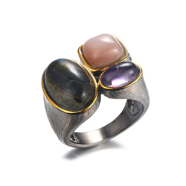 New Design Natural Amethyst 925 Silver Gold Plated Unisex Ring Jewelry