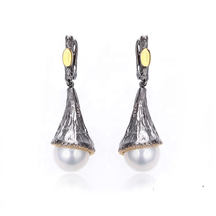 Shell Pearl Cage 925 Sterling Silver Drop Earrings with Black Gold Plated
