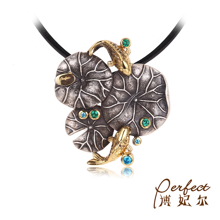 Handmade Thailand Fancy Designs Lotus Fish 925 Silver Spinel Stone Pendant Jewelry For Girls