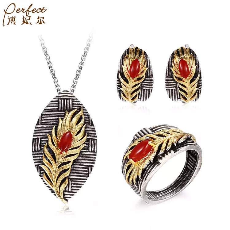 Gold Plated Unique Design Leaf Shape  Agate Silver Jewelry Set Unisex