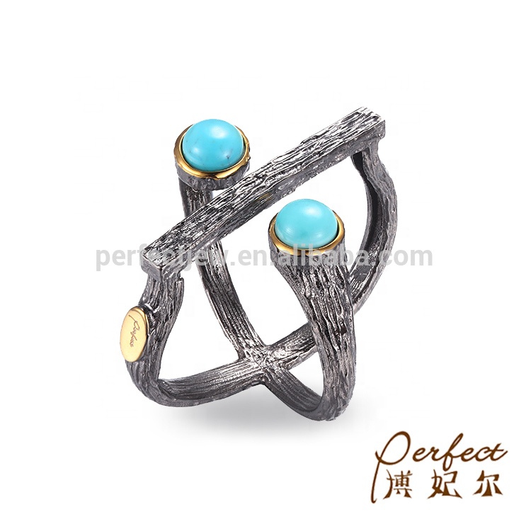 Fancy Design Turquoise 925 Sterling Silver Ring with Gold Plated