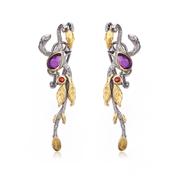Tree Snake Fashion Design Amethyst Stone 925 Sterling Silver Stud Earrings Women