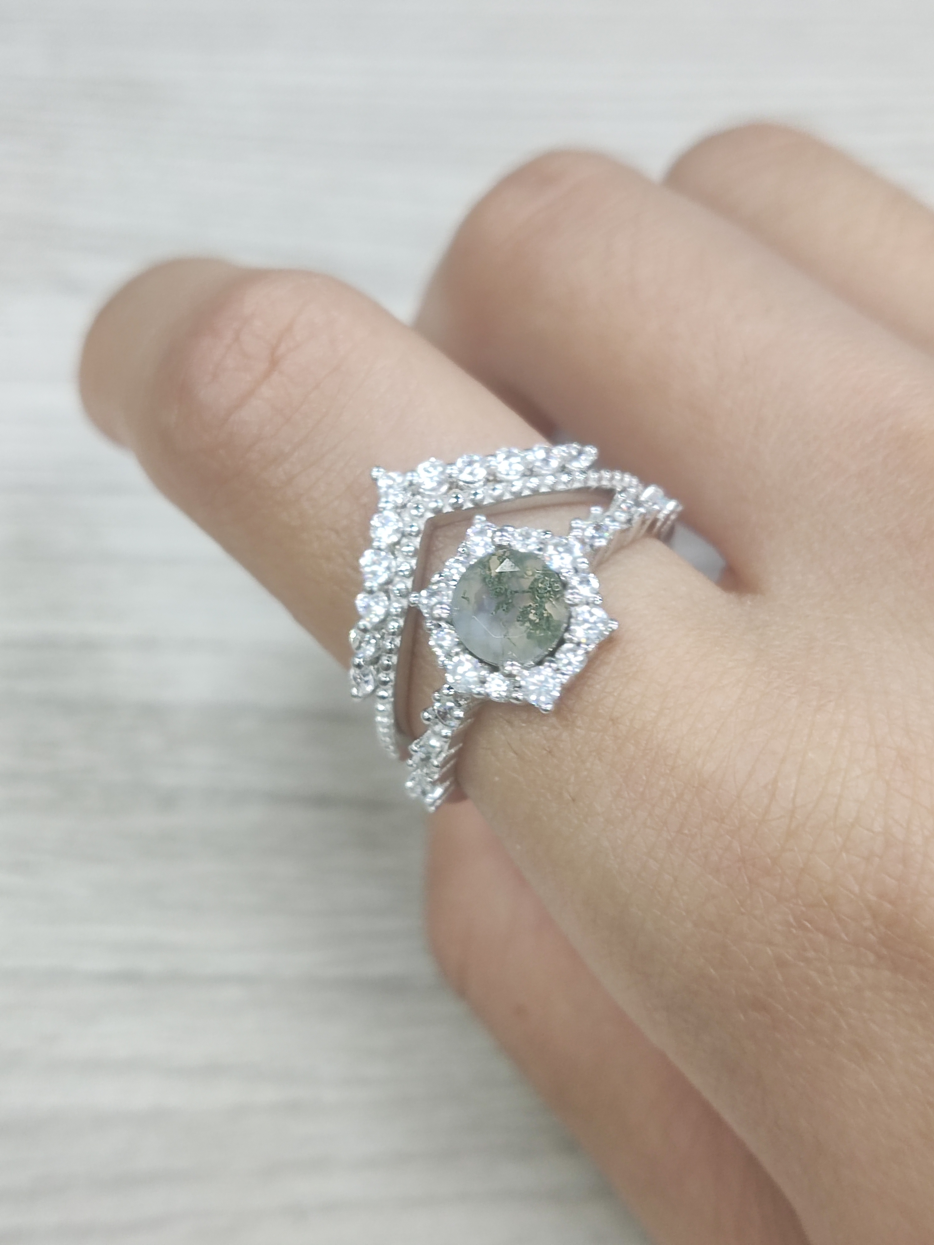 Boho Gemstone Ring Large Moss Agate Ring 925 Sterling Silver Cubic Zirconia Natural Green Moss Agate Ring