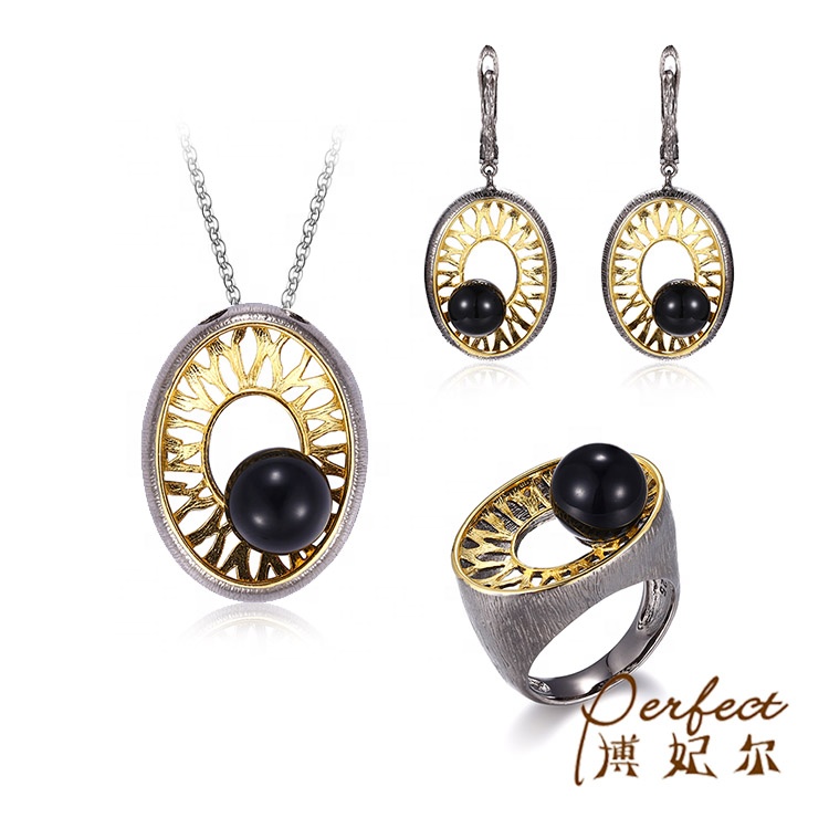 Custom Design Gold Plated Jewelry Round Eye Shape Luxury Black Agate Jewelry Set