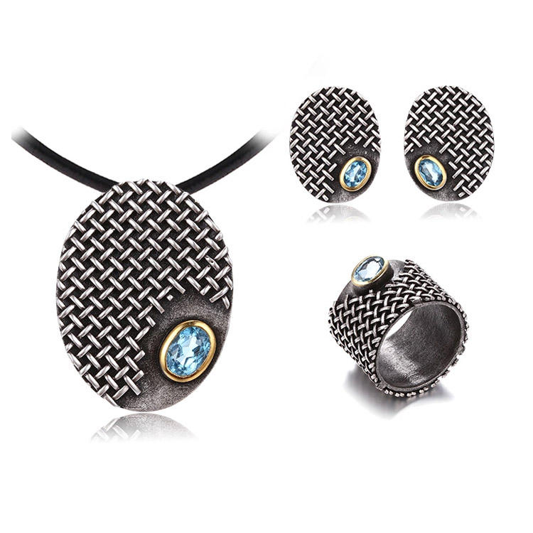 Retro Saudi Design Topaz 925 Silver Set Jewelry with Gold Plated