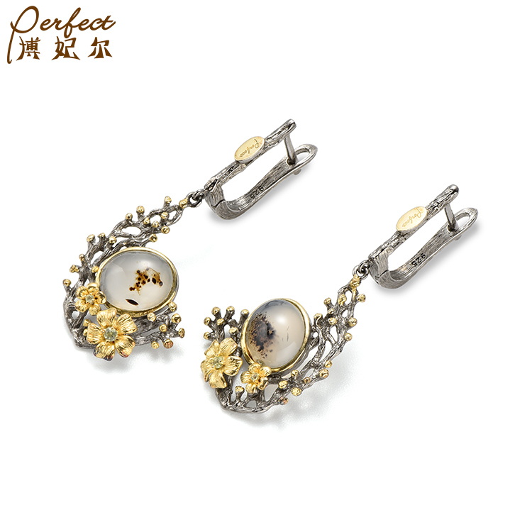 Handmade Fashion New vintage jewelry custom sterling silver Marine chalcedony 18k gold plated earrings
