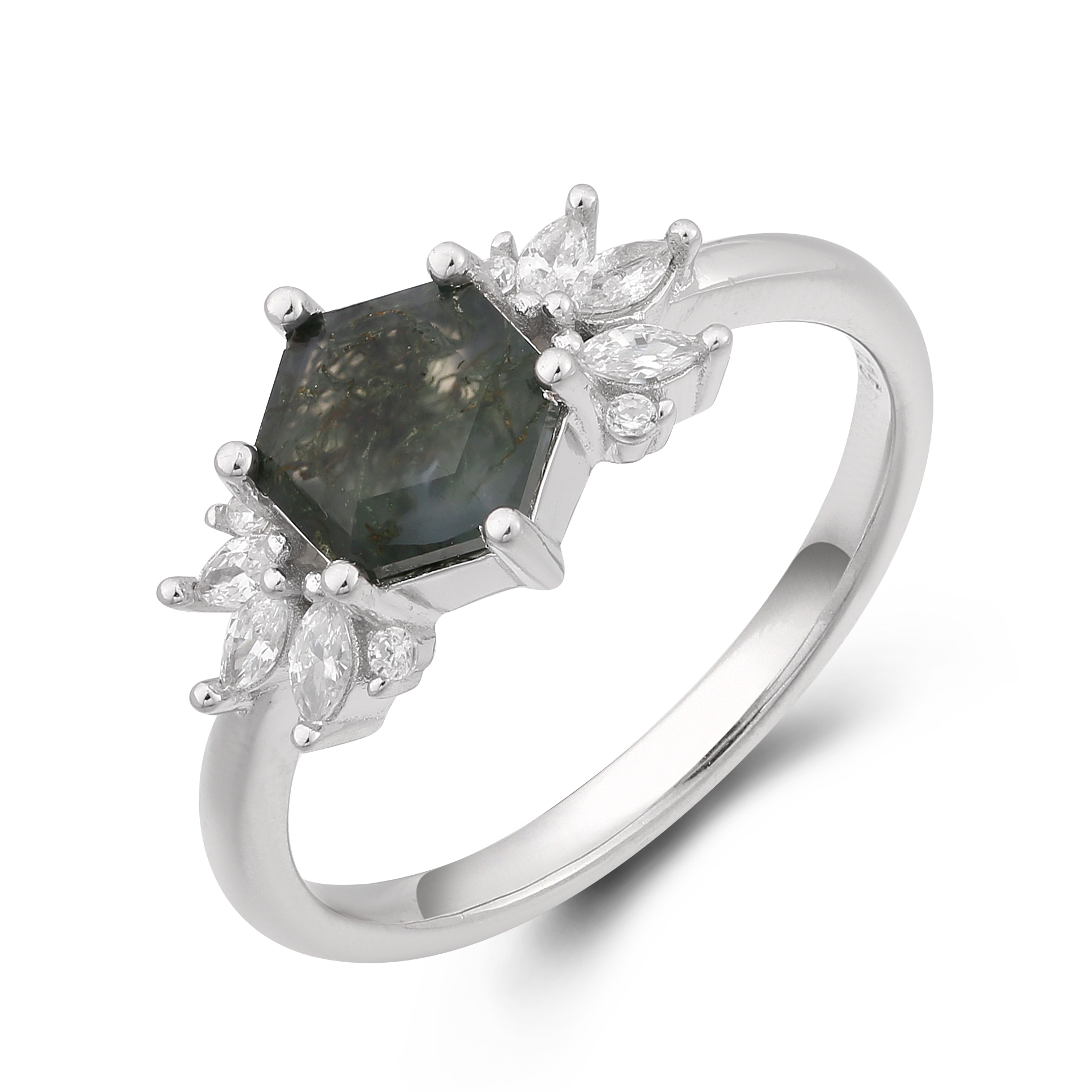 Natural Dainty Ring Green Moss Agate Rings for Women 925 Sterling Silver Gemstone Hexagon Moss Agate Engagement Fine Jewelry