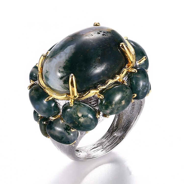 Retro Agate 925 Sterling Silver Handmade Ring with Gold Plated