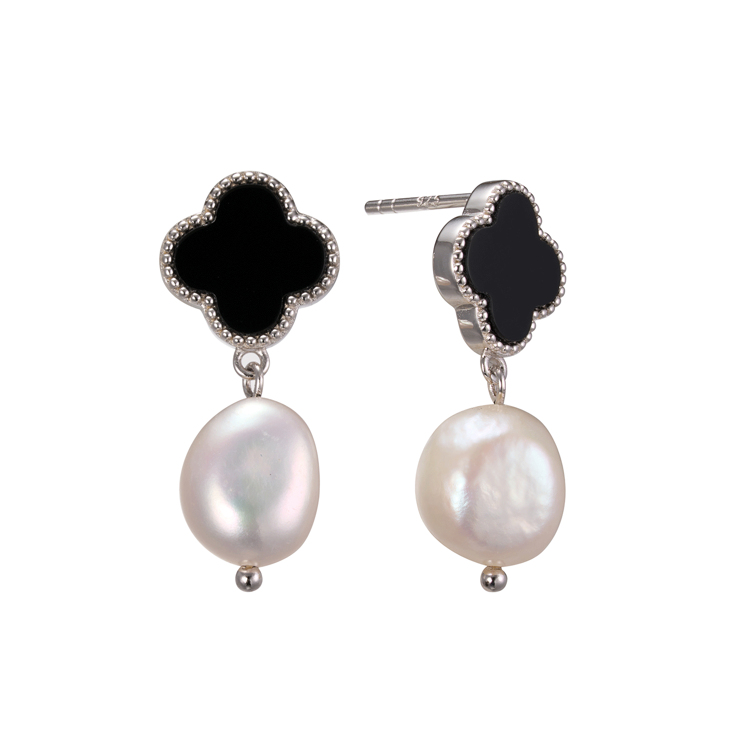 New Popularity Black Agate Baroque Pearl Four Leaf Clover Stud Sliver Earring