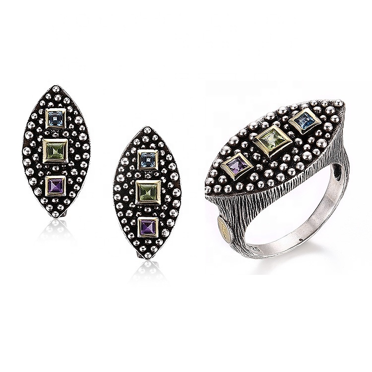 Retro Handmade Peridot Stone 925 Sterling Silver Jewelry Set