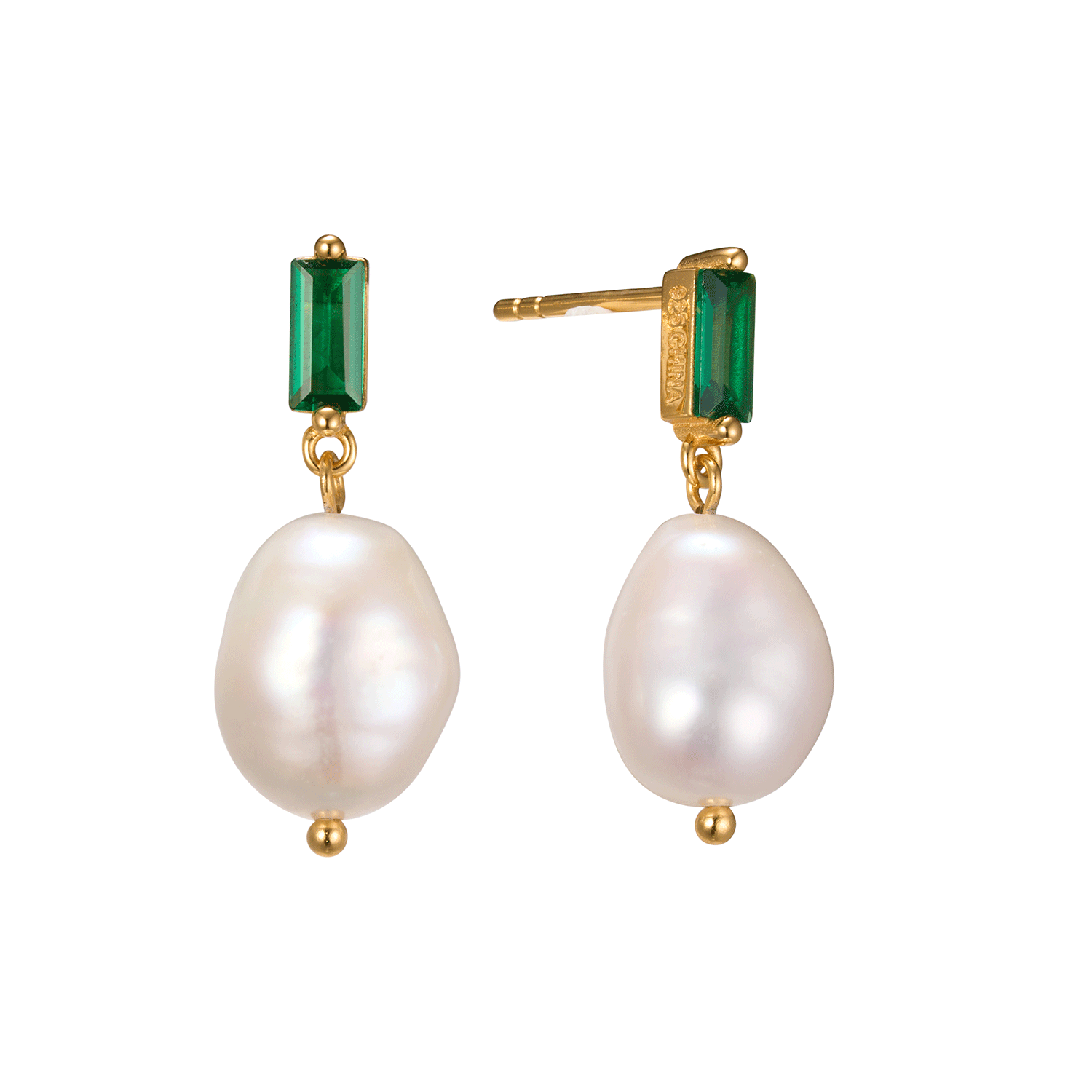 Quality Wholesale Nano Green Spinel Minimalist Abstract Hoop Stud 18K Gold Baroque Sliver Pearl Earrings